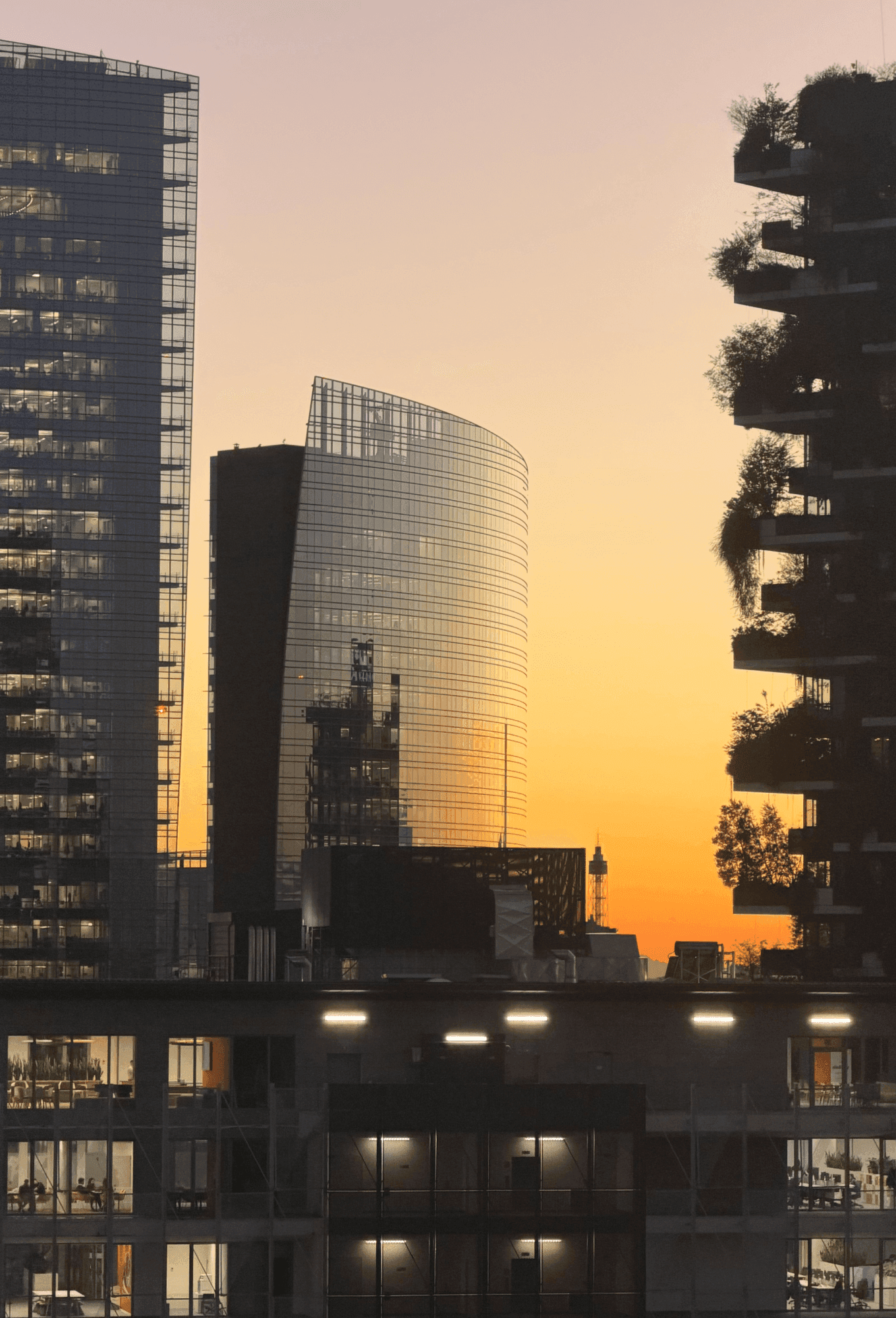 Milan skyline at sunset with Bosco Verticale